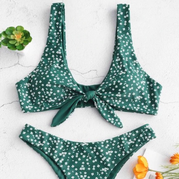 ZAFUL green floral tie knot bikini, NWT, size M - Picture 3 of 9